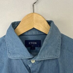 Eton Blue Shirt Men 41 16 Slim Fit Lightweight Denim Spread Collar Indigo Cotton